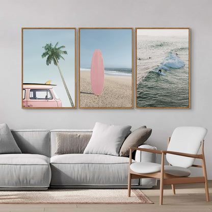 Tinonedraw Large Ocean Beach Framed Canvas Wall Art, Summer Coastal Surfboard Wall Decor, Palm Tree