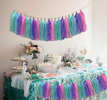 Blue Purple Mint Green Pink Tissue Paper Tassel Garland,Tissue Tassel Banner for Party