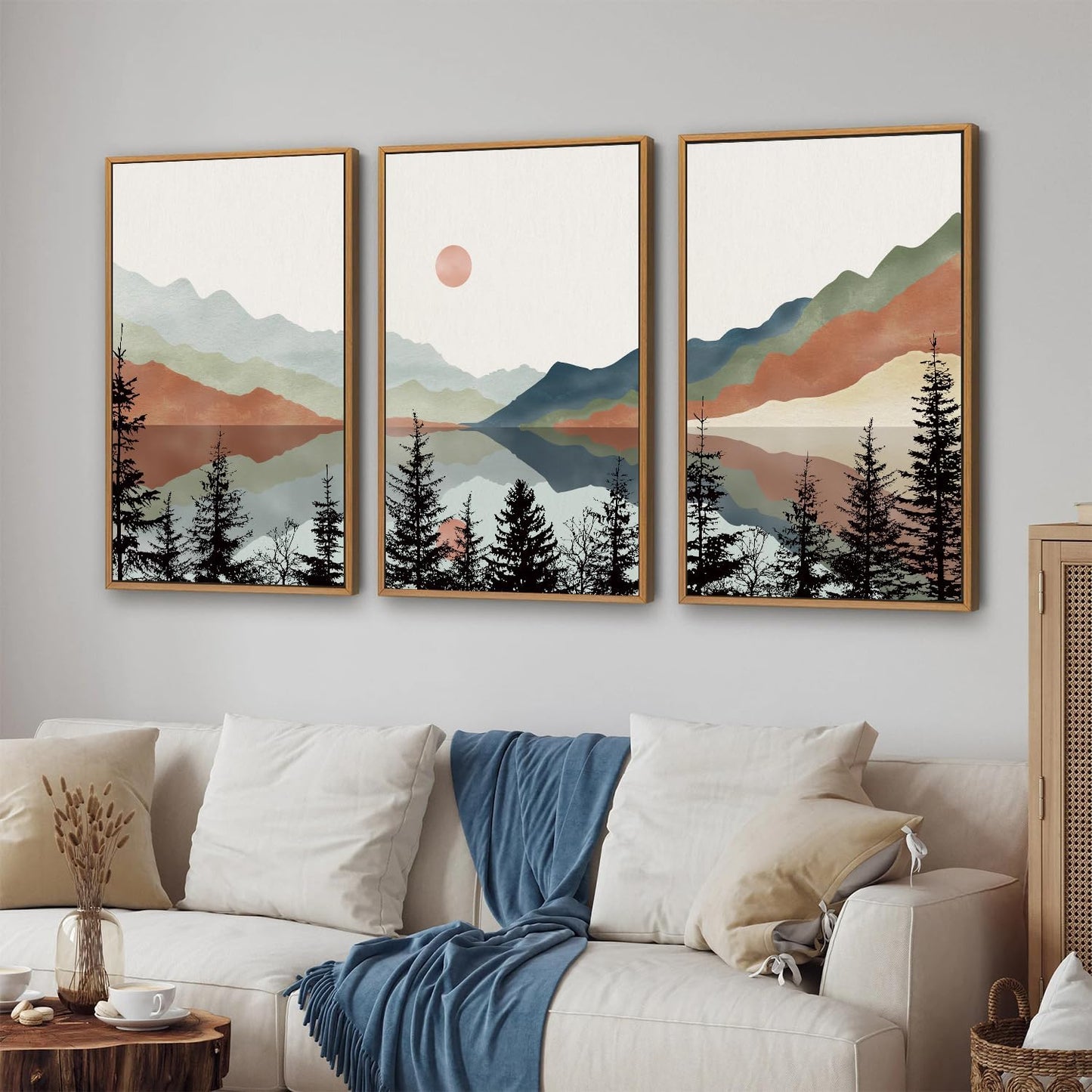 Tinonedraw Boho Mountain Framed Canvas Wall Art Set, Watercolor Nature Landscape Wall Decor, Black
