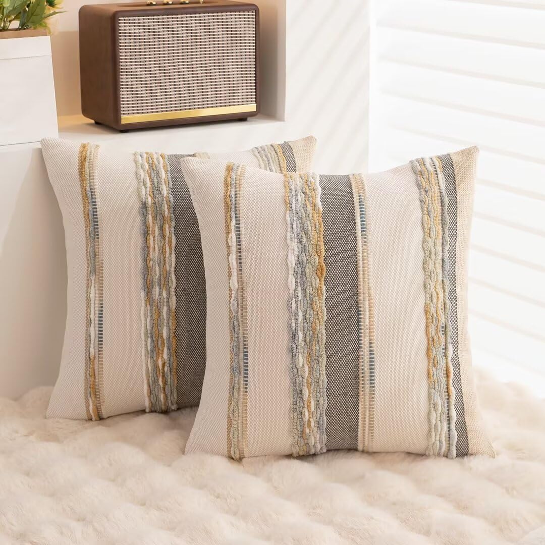 Boho Throw Pillow Covers 18x18 Set of 2 Farmhouse Decorative Cushion Case Striped Square Pillows
