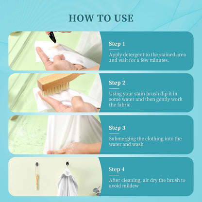 BFWood 2PCS Laundry Stain Brush - Natural Soft Boar Bristles, Removes Tough Stains from Delicate