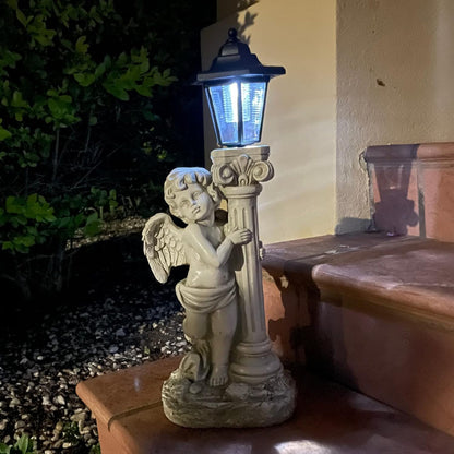 Angel Statue with Solar Lights (Left) 19.7 Inch, Outdoor Solar Angel Garden Statue with Roma Pillar
