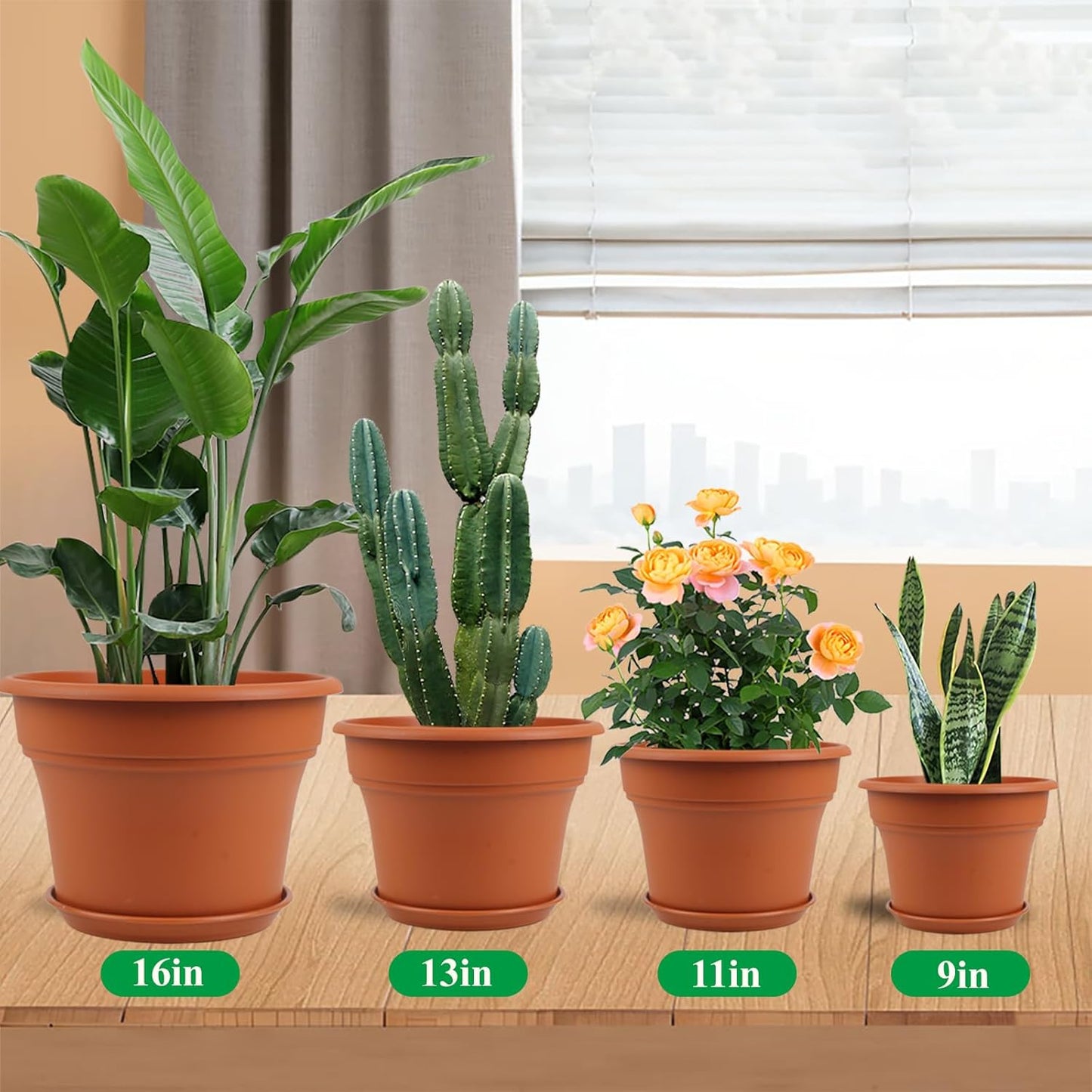 11 Inch Plastic-Flower-Pot-for-Indoor-Plants, 4 Pack Large Outdoor Planter Pot with Drainage Holes