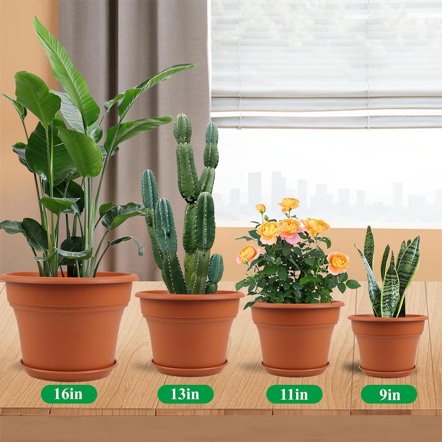 13 Inch Plastic-Flower-Pot-for-Indoor-Plants, 4 Pack Large Outdoor Planter Pot with Drainage Holes
