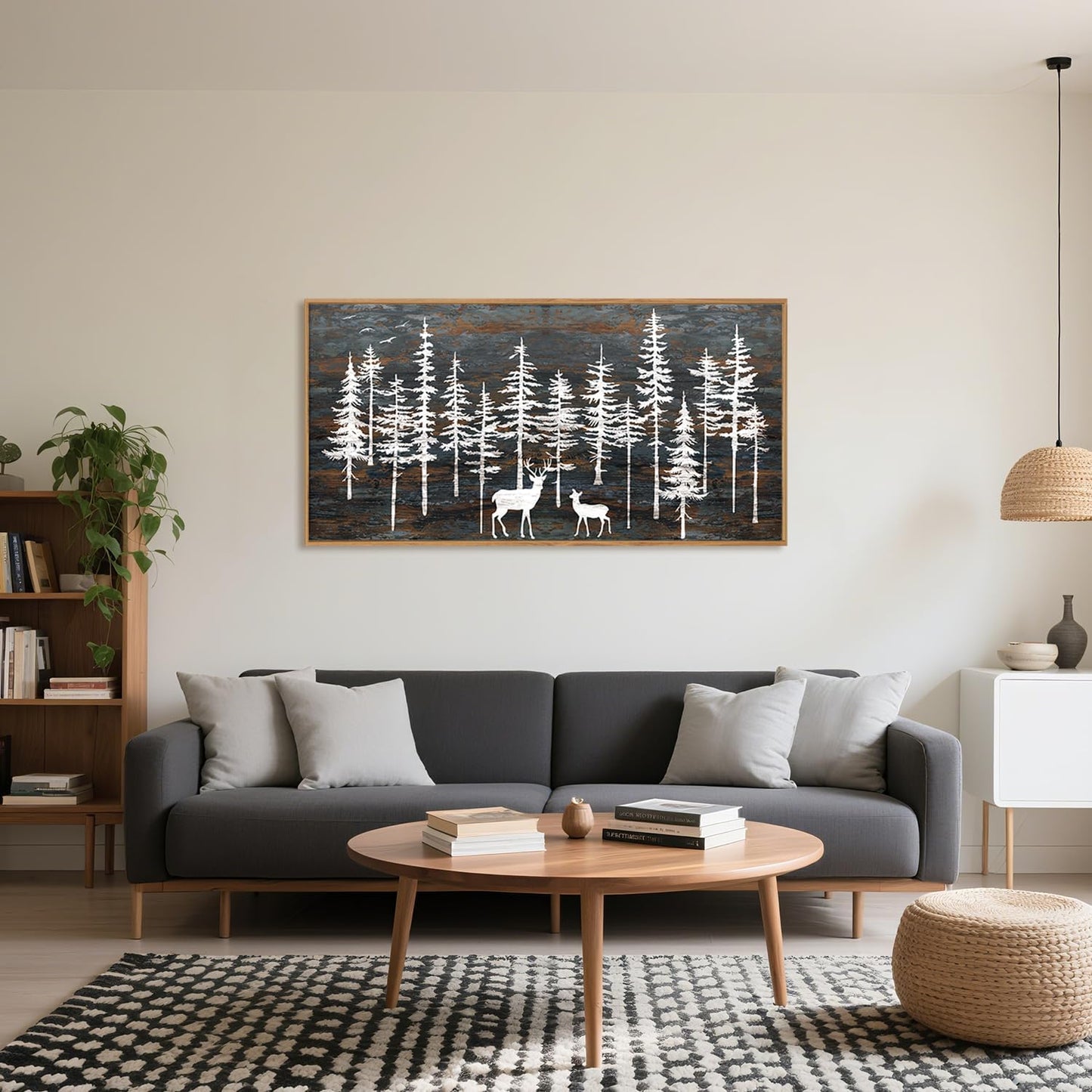 Modern White Forest Framed Canvas Wall Art Set, Minimalist Woodland Art Painting, Retro Tree