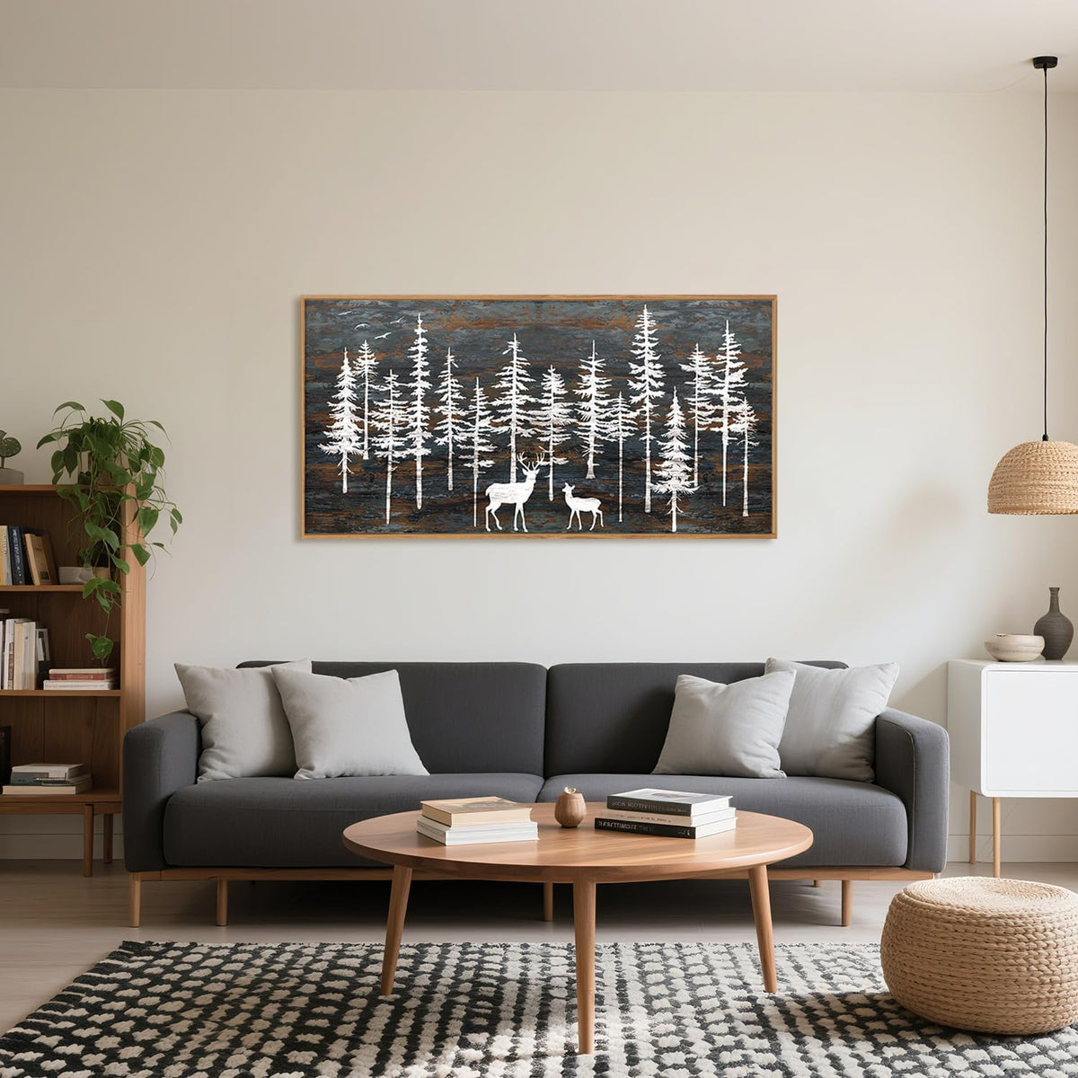 Modern White Forest Framed Canvas Wall Art Set, Minimalist Woodland Art Painting, Retro Tree