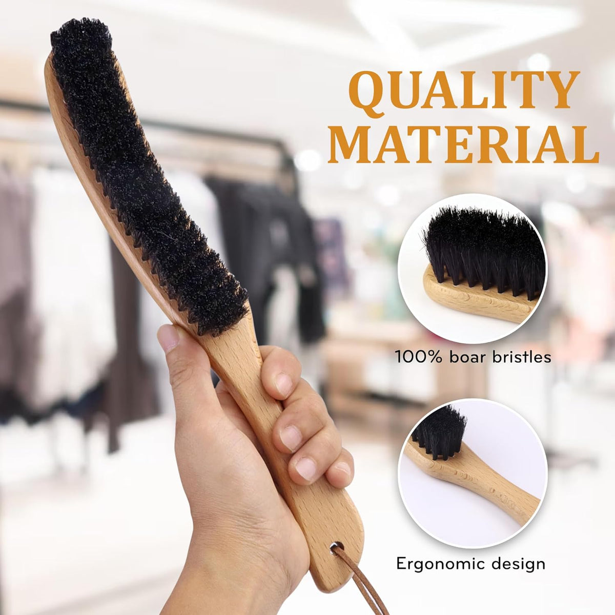 TAKAVU Clothes Brush Hat Brush, Black Boar Bristle Lint Brush with Large Beech Wood Handle