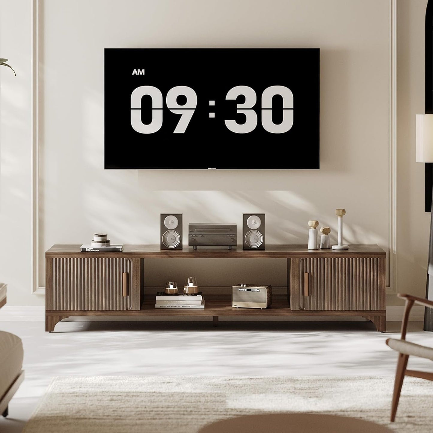 Mid Century Modern TV Stand for 55/65 Inches Television Console with Fluted Doors and Storage
