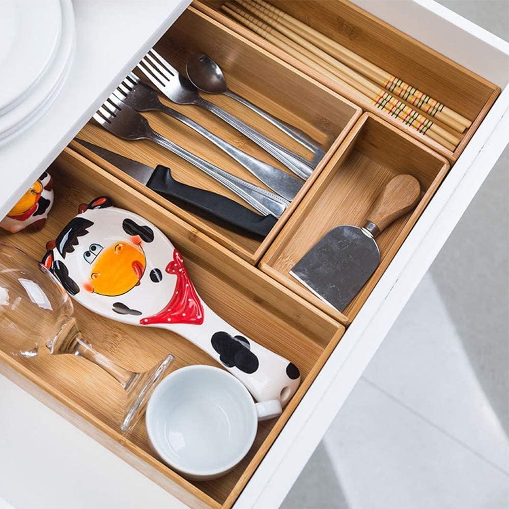 Bamboo Drawer Organizer - Kitchen Utensil Organizer Silverware Tray Cutlery Holder，Office Desk