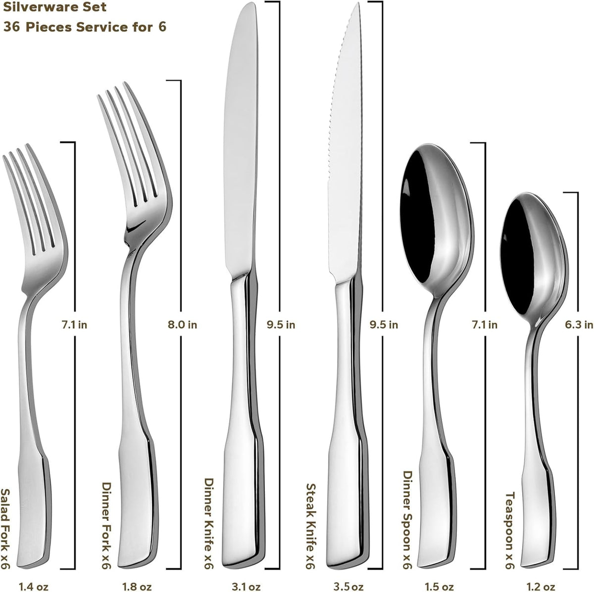 Alata Kate 36-Piece Silverware Set with Steak Knife, Stainless Steel Flatware Set Service for 6