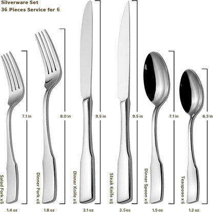 Alata Kate 36-Piece Silverware Set with Steak Knife, Stainless Steel Flatware Set Service for 6
