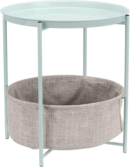 Amazon Basics Round Storage End Table, Side Table with Cloth Basket, Mint Green/Heather Gray, 18 in