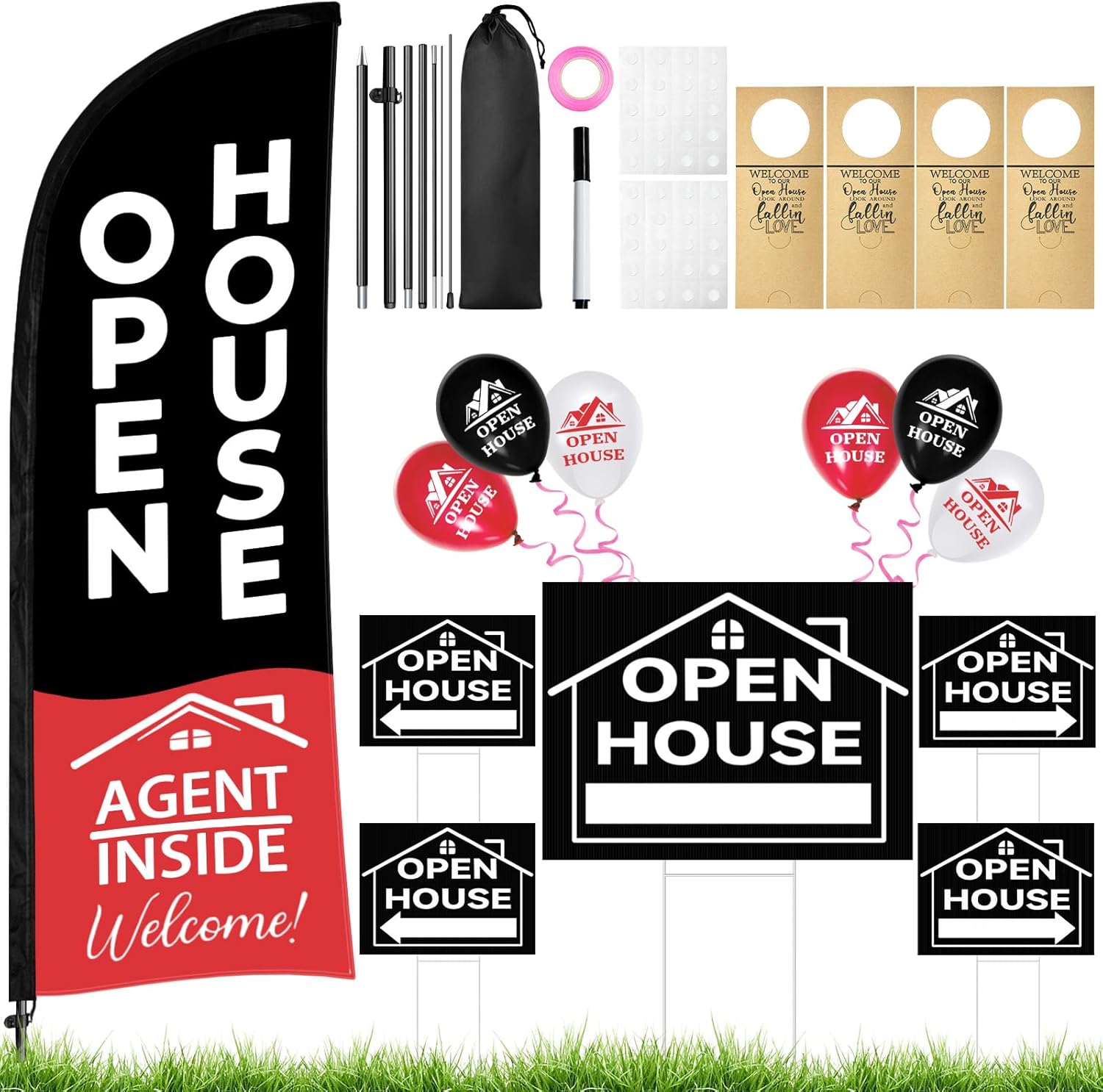 44 Pcs Open House Signs for Real Estate, Double Sided Open House Flag Kit, 7.6 x 5.4 Ft Black