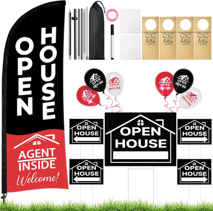 44 Pcs Open House Signs for Real Estate, Double Sided Open House Flag Kit, 7.6 x 5.4 Ft Black
