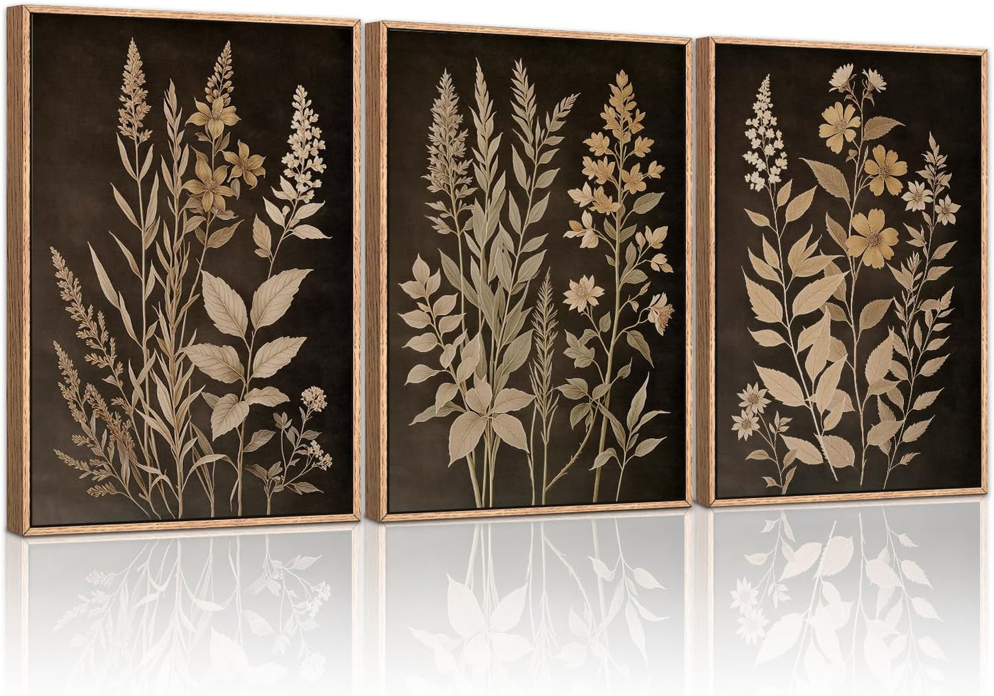 HLNIUC Vintage Botanical Fern Framed Canvas Wall Art Set,Black and Tan Plant Leaf Wall