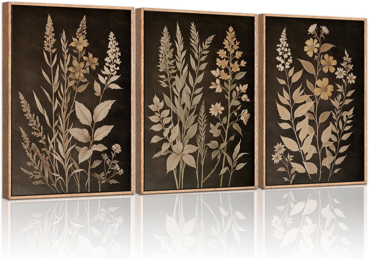 HLNIUC Vintage Botanical Fern Framed Canvas Wall Art Set,Black and Tan Plant Leaf Wall