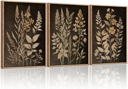 HLNIUC Vintage Botanical Fern Framed Canvas Wall Art Set,Black and Tan Plant Leaf Wall