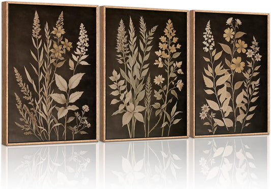 HLNIUC Vintage Botanical Fern Framed Canvas Wall Art Set,Black and Tan Plant Leaf Wall