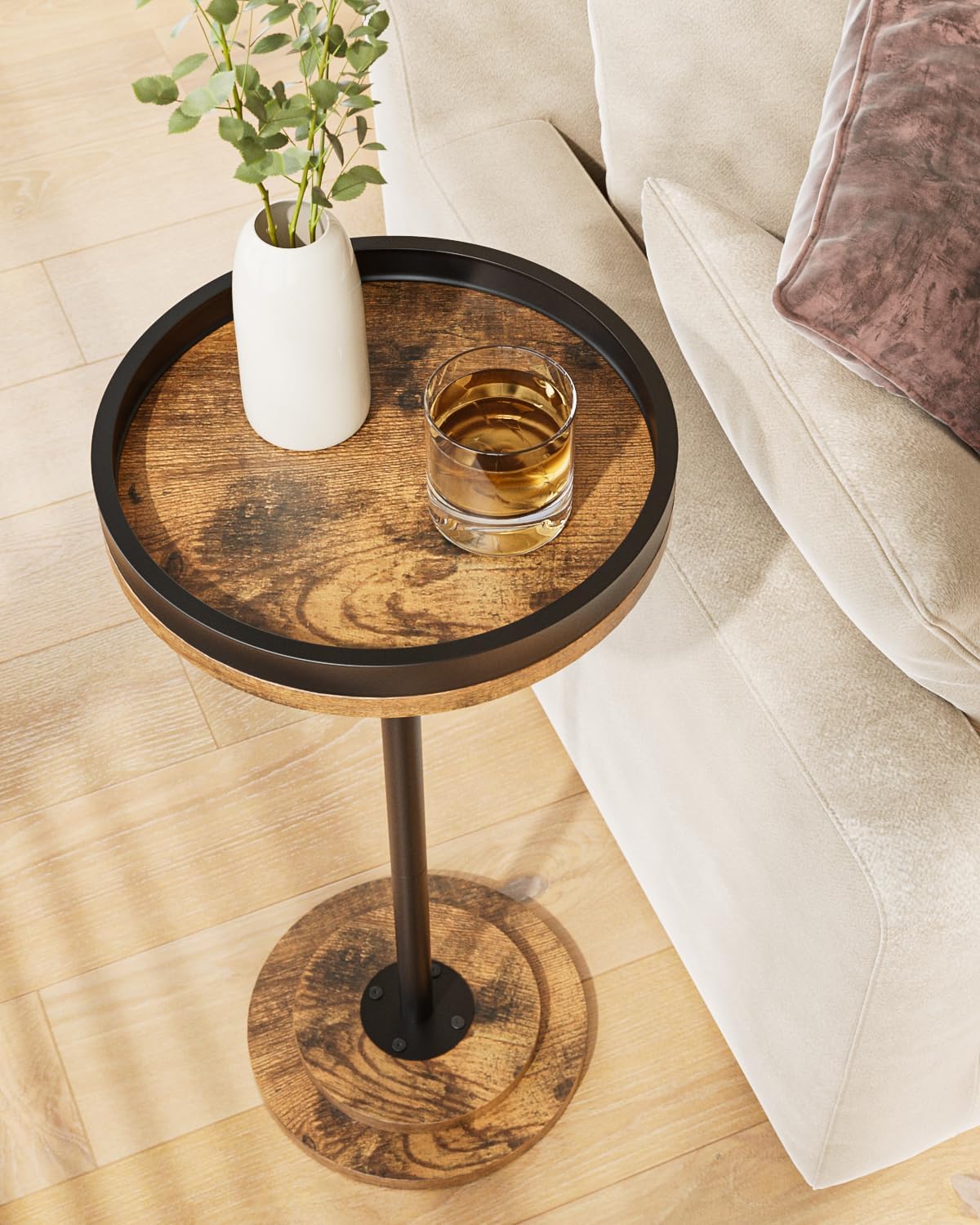 Masupu Drink Table, Round Side Table for Small Spaces, Pedestal Small End Table with Metal Base