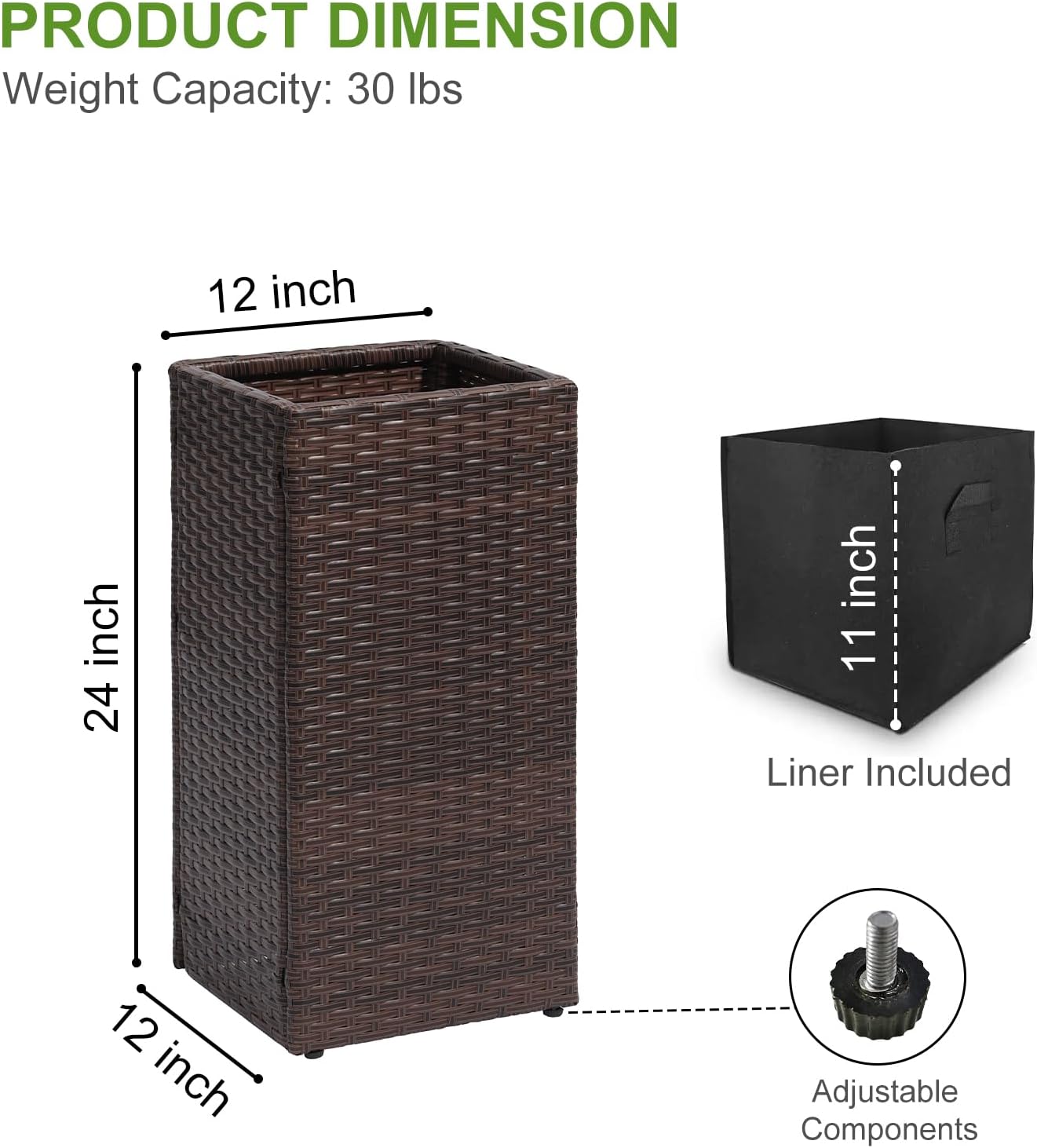 LEWIS&WAYNE Set of 2 Tall Planters for Outdoor Plants Handmade 24'' Wicker Tall Square Planter Box