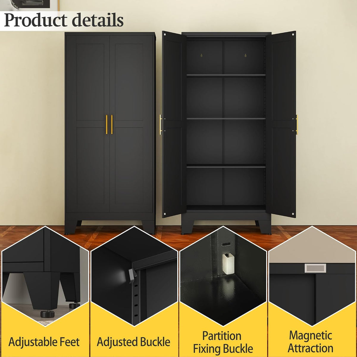 Black Metal Storage Cabinet, 61" Steel Cabinets for Home Office, Kitchen Pantry Storage Cabinet