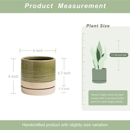 6 Inch Plant Pots, Ceramic Planter Pot with Drainage Hole & Saucer, Indoor/Outdoor Cylinder Round