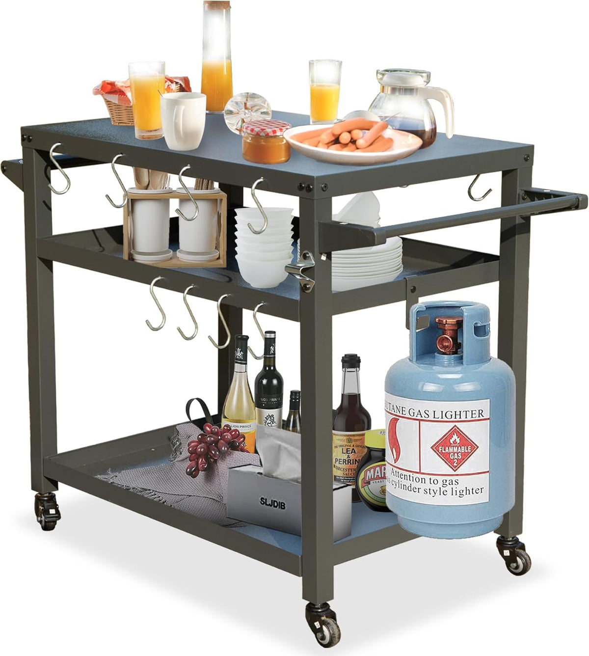Domi 3-Shelf Outdoor Grill Table, Grill Cart with Wheels, Pizza Oven and Food Prep Table