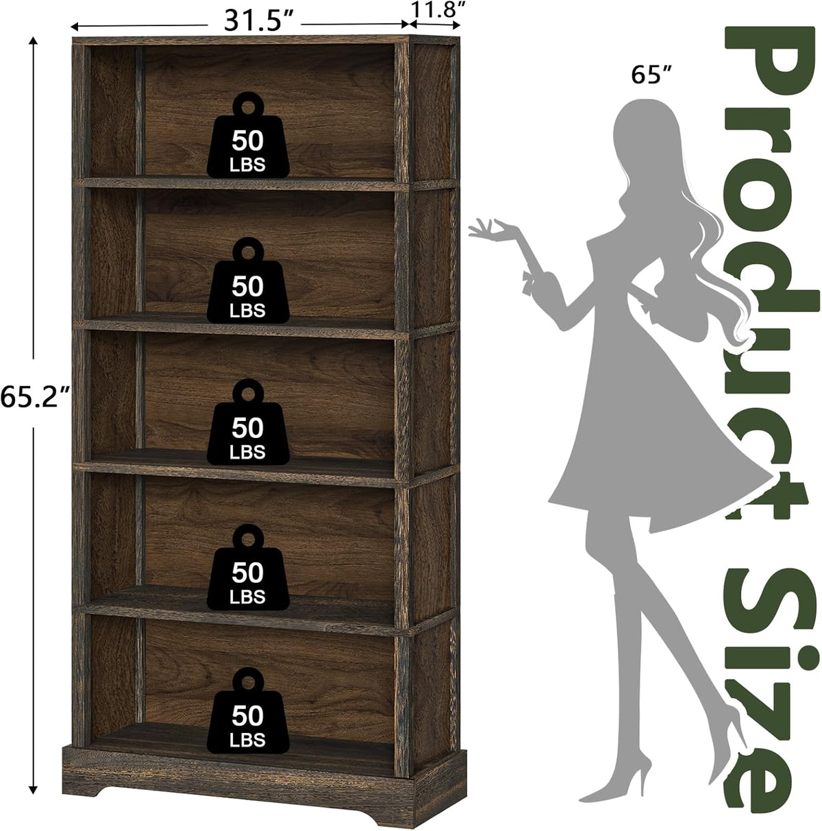 TVU 5-Shelf Wood Bookcase, 65 Inch Tall Bookshelf with Storage, Floor Standing Display Book Shelf