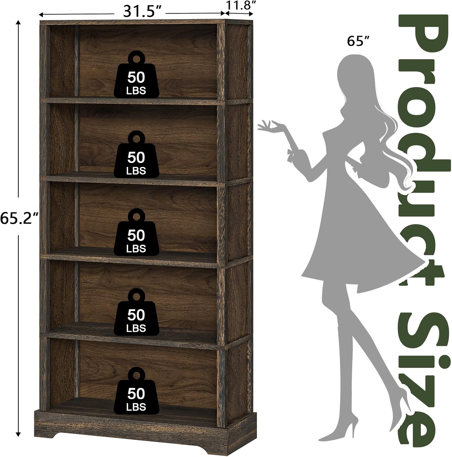 TVU 5-Shelf Wood Bookcase, 65 Inch Tall Bookshelf with Storage, Floor Standing Display Book Shelf