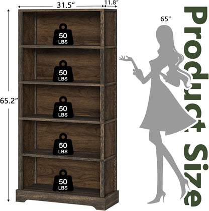 TVU 5-Shelf Wood Bookcase, 65 Inch Tall Bookshelf with Storage, Floor Standing Display Book Shelf