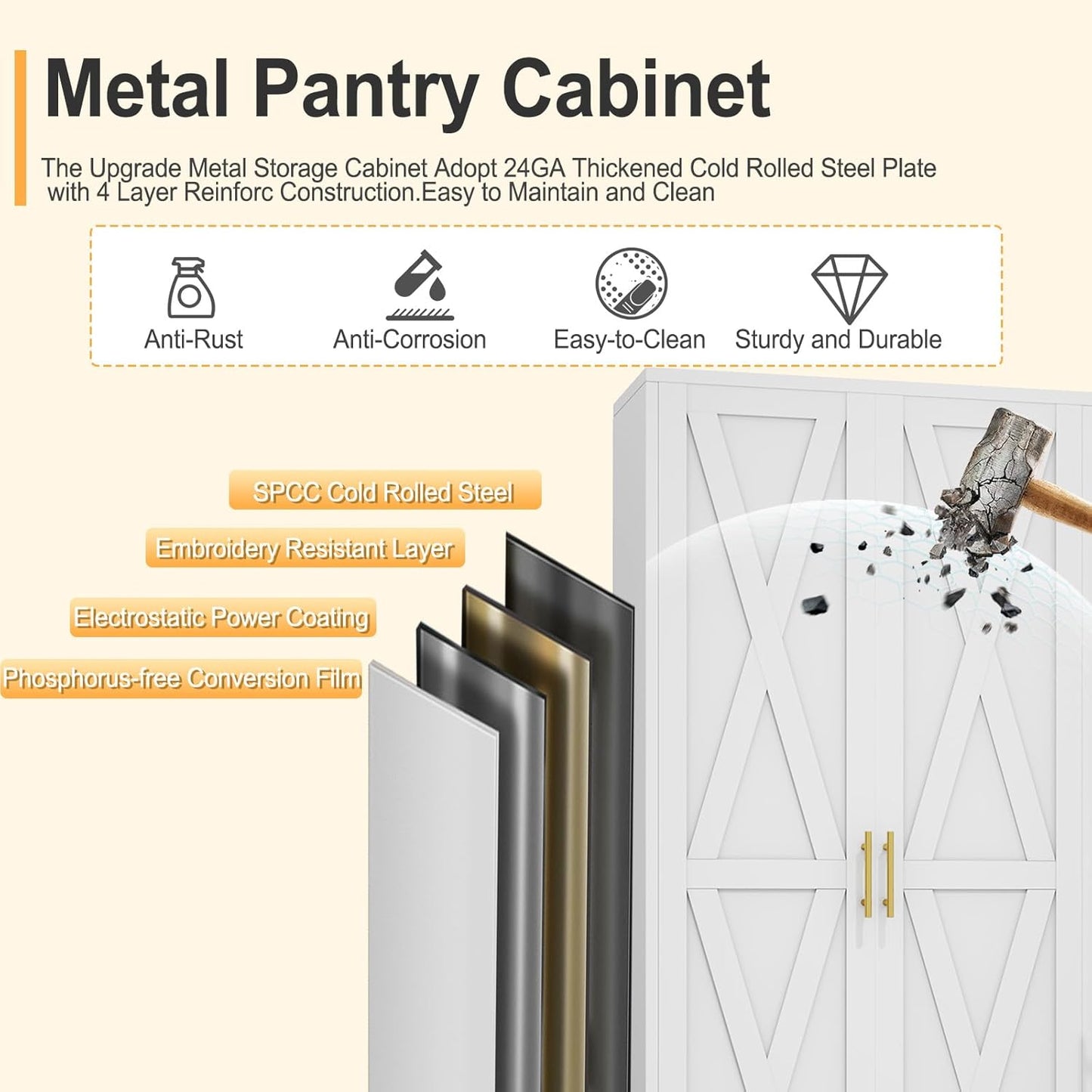 61" H Metal Kitchen Pantry Storage Cabinet, Freestanding Cupboard with 2 Doors and 3 Adjustable