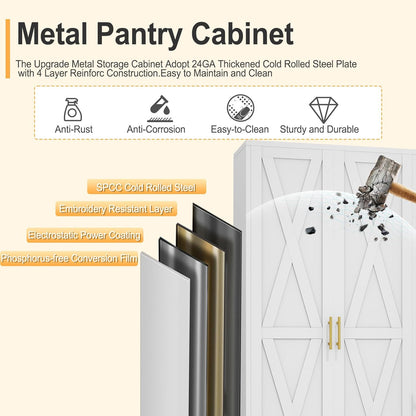 61" H Metal Kitchen Pantry Storage Cabinet, Freestanding Cupboard with 2 Doors and 3 Adjustable