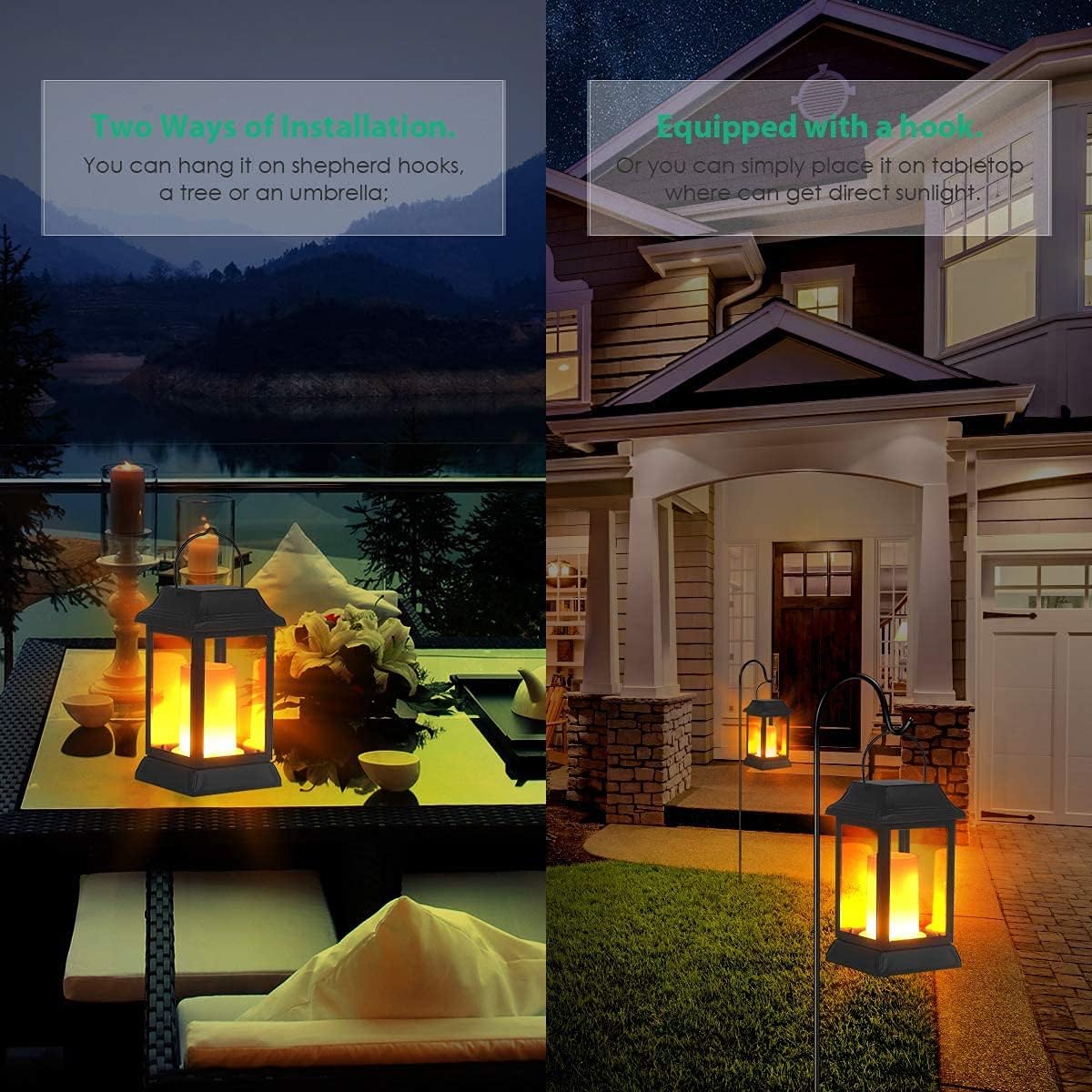 TomCare Solar Lights Metal Flickering Flame Solar Lantern Outdoor Hanging Lanterns Decorative
