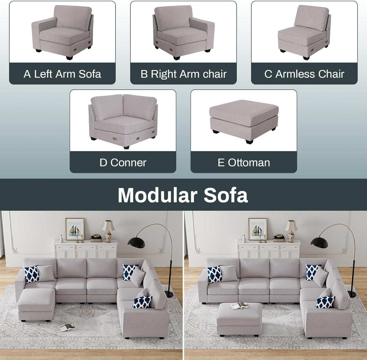 L Lengend Vansen Modular Sectional Sofa U Shaped Couch with Ottoman Modern Reversible Corner