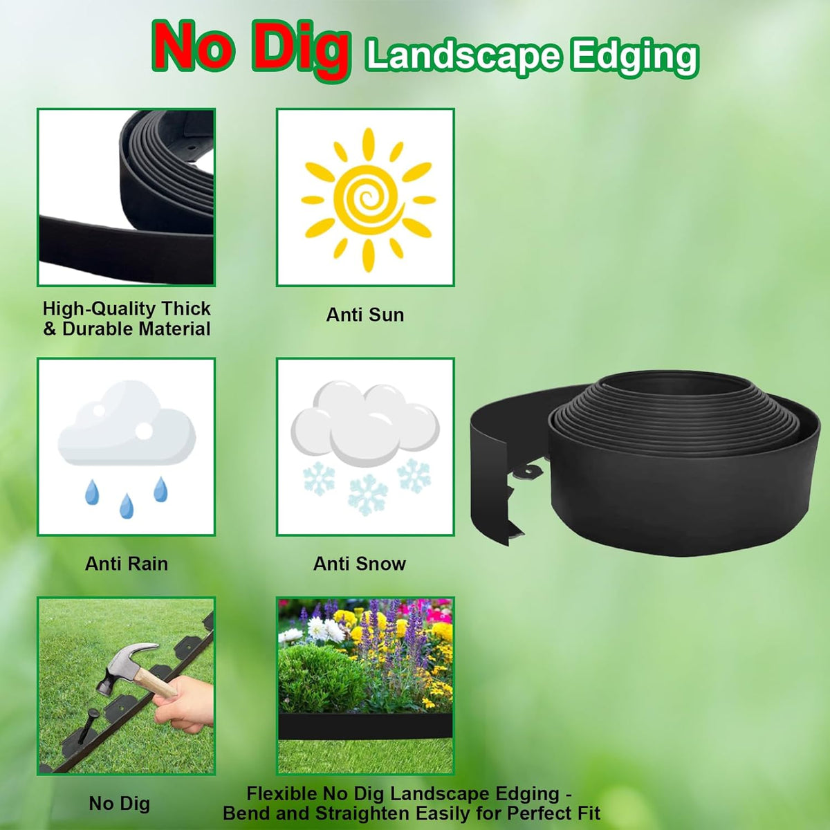 No Dig Garden Edging 33 FT Landscape Edging Extra Tall 4IN High, Landscape Edging with 30 Spikes