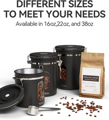 Veken Coffee Canister with Window, Airtight Stainless Steel Kitchen Food Storage Container with