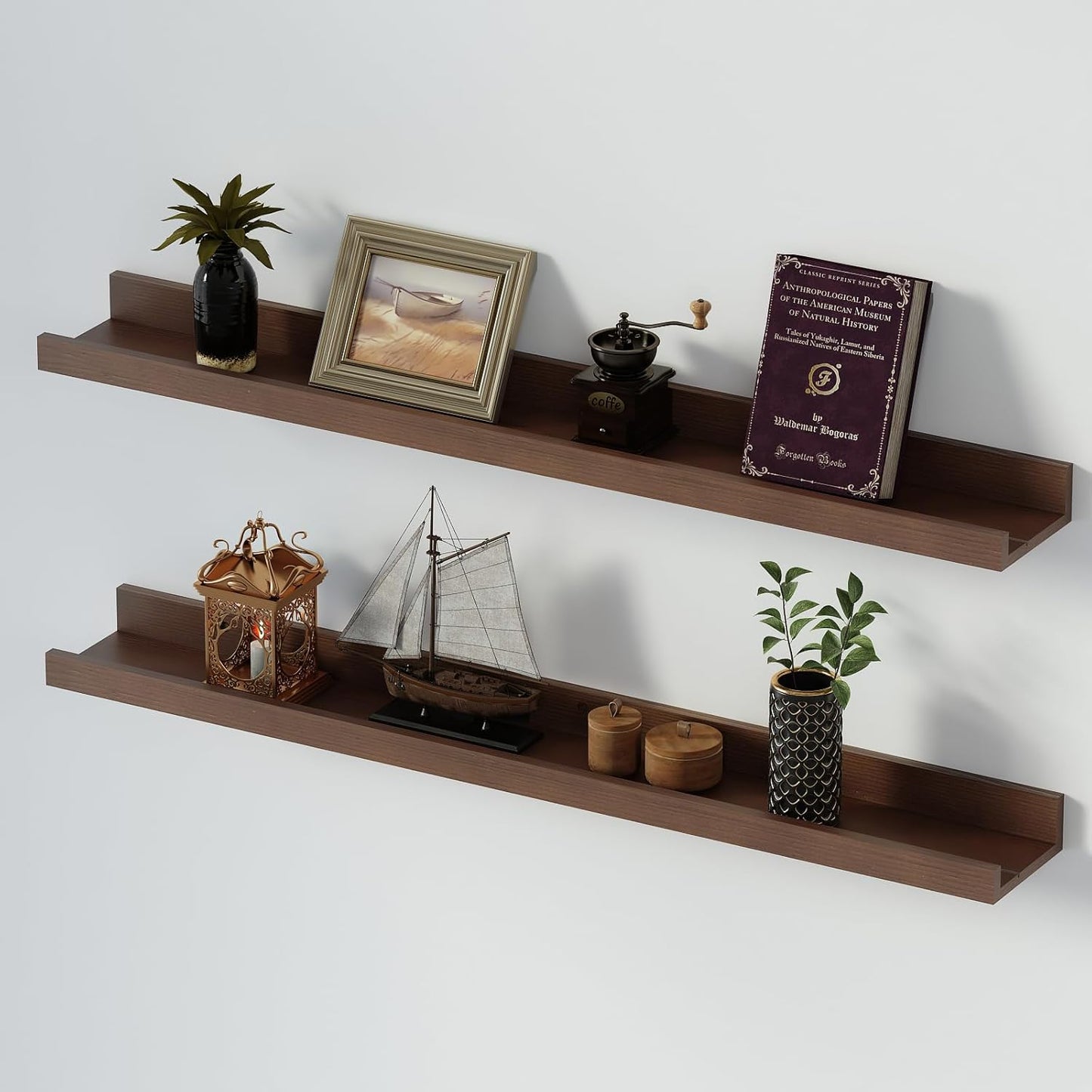 SAUMONIERES Picture Ledge Shelf Floating Book Shelves Set of 2 Wall Mounted Solid Wood for Bedroom
