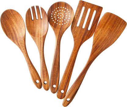 5 Piece Wooden Spoons for Cooking - Natural Finish Wooden Cooking Utensils - Soft Grip Wood Spoons
