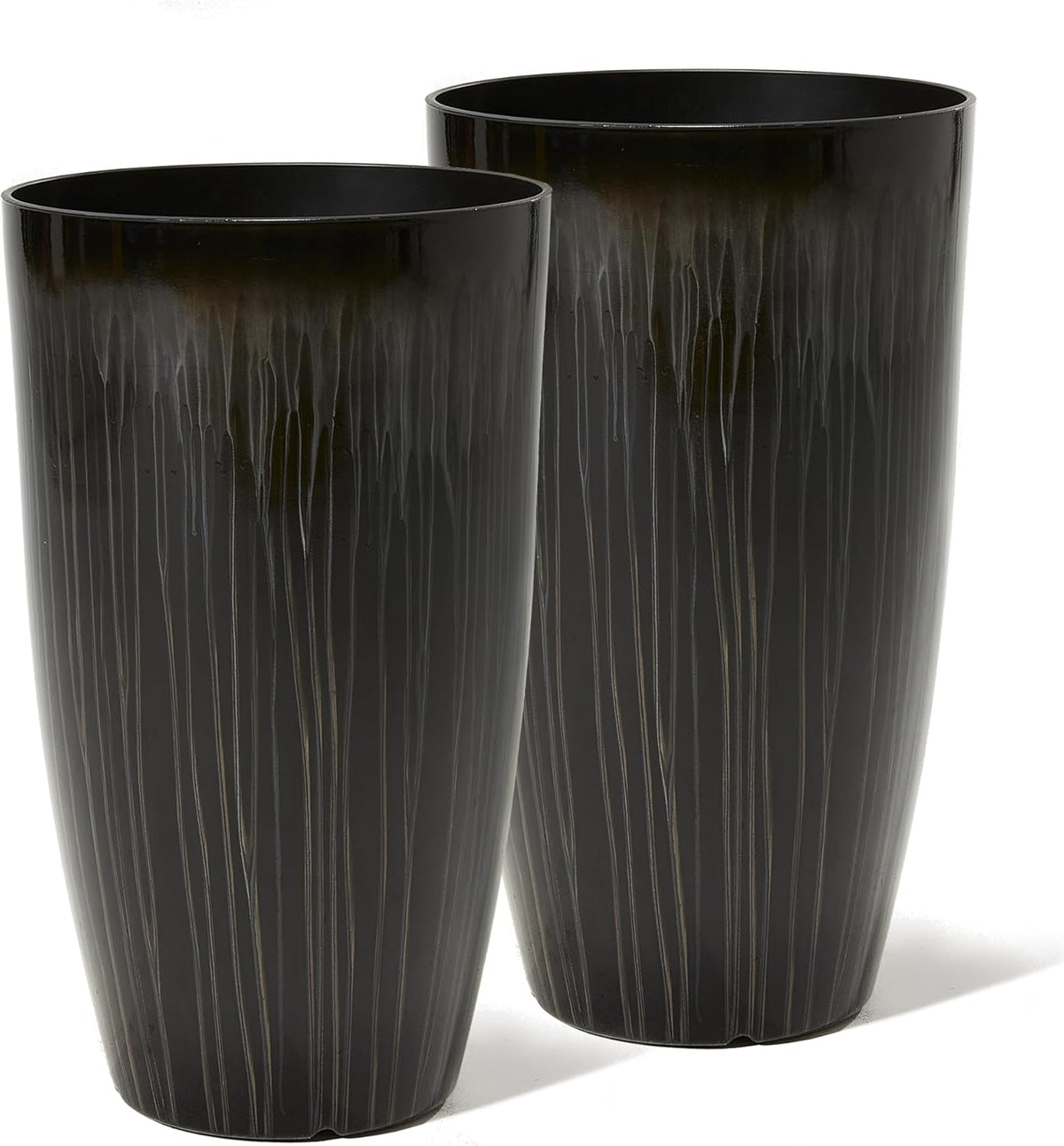 Worth Garden 23.5" H. Large Plastic Planters - Set of 2 Gradient Black Glossy Smooth Finish - Tall