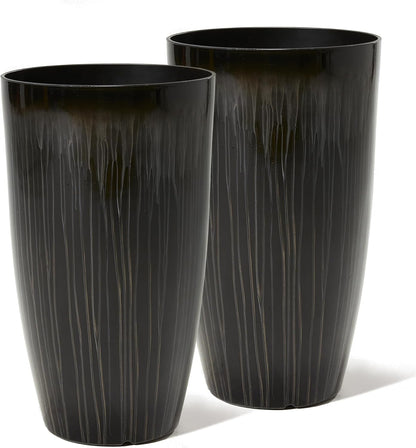 Worth Garden 23.5" H. Large Plastic Planters - Set of 2 Gradient Black Glossy Smooth Finish - Tall