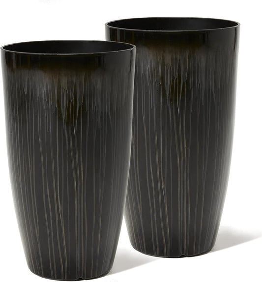 Worth Garden 23.5" H. Large Plastic Planters - Set of 2 Gradient Black Glossy Smooth Finish - Tall