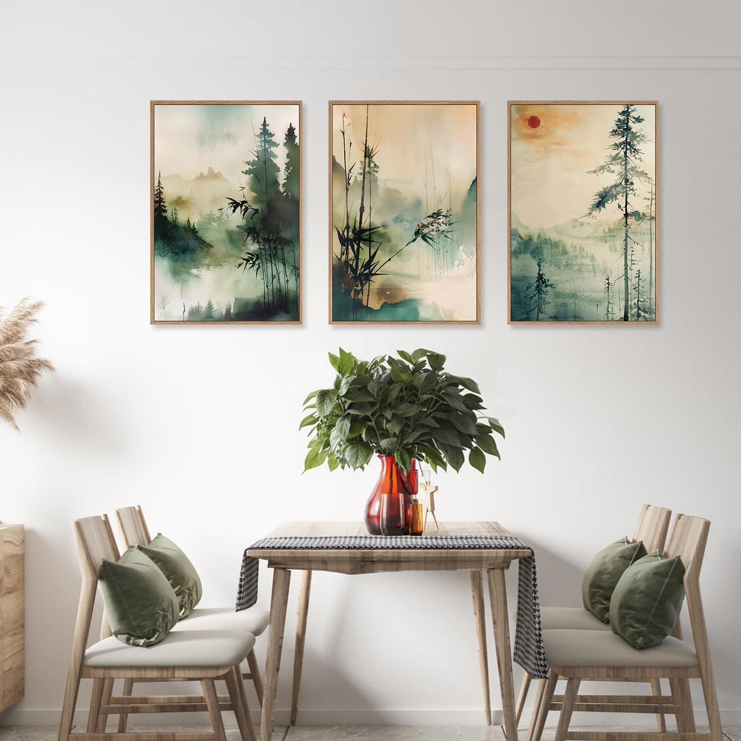 Chinoiserie Nature Framed Canvas Wall Art Set, Mountain and Forest Landscape Painting, Natural