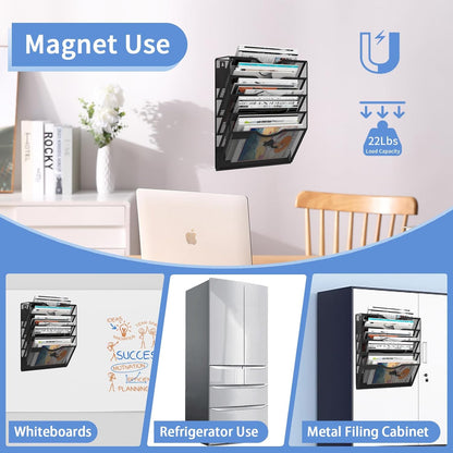 5-Tier Magnetic File Holder, No Drilling Installation File Cabinet Organizer, Black Magnetic File