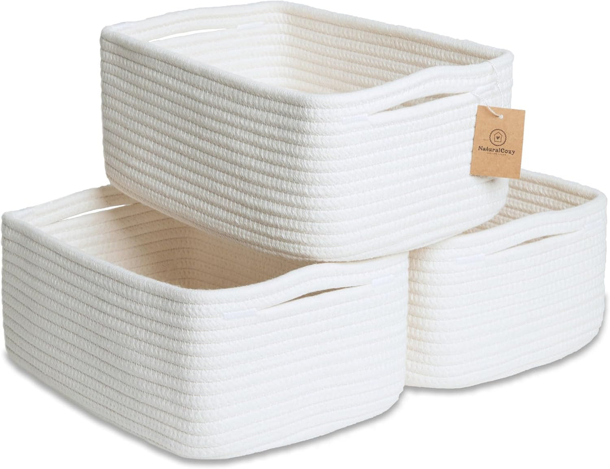 NaturalCozy 11.8"x8"x4.5” Storage Baskets for Shelves 3 Pack | Cotton Rope Woven Small Baskets for