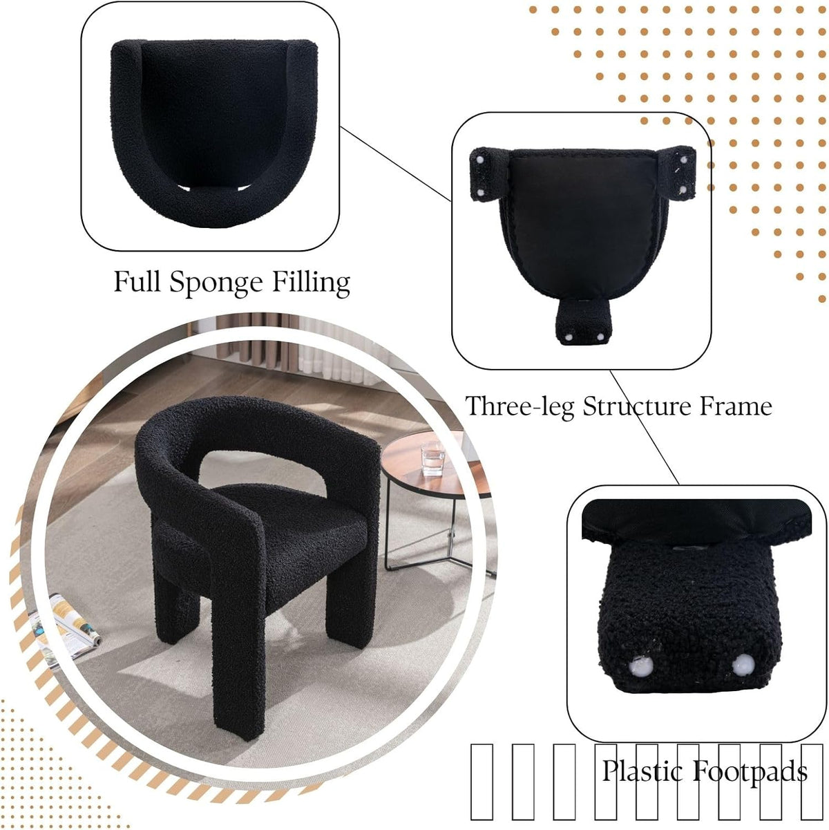 Black Sherpa Dining Chairs Set of 4, Modern Barrel Dining Room Chairs Upholstered Faux Fur Accent