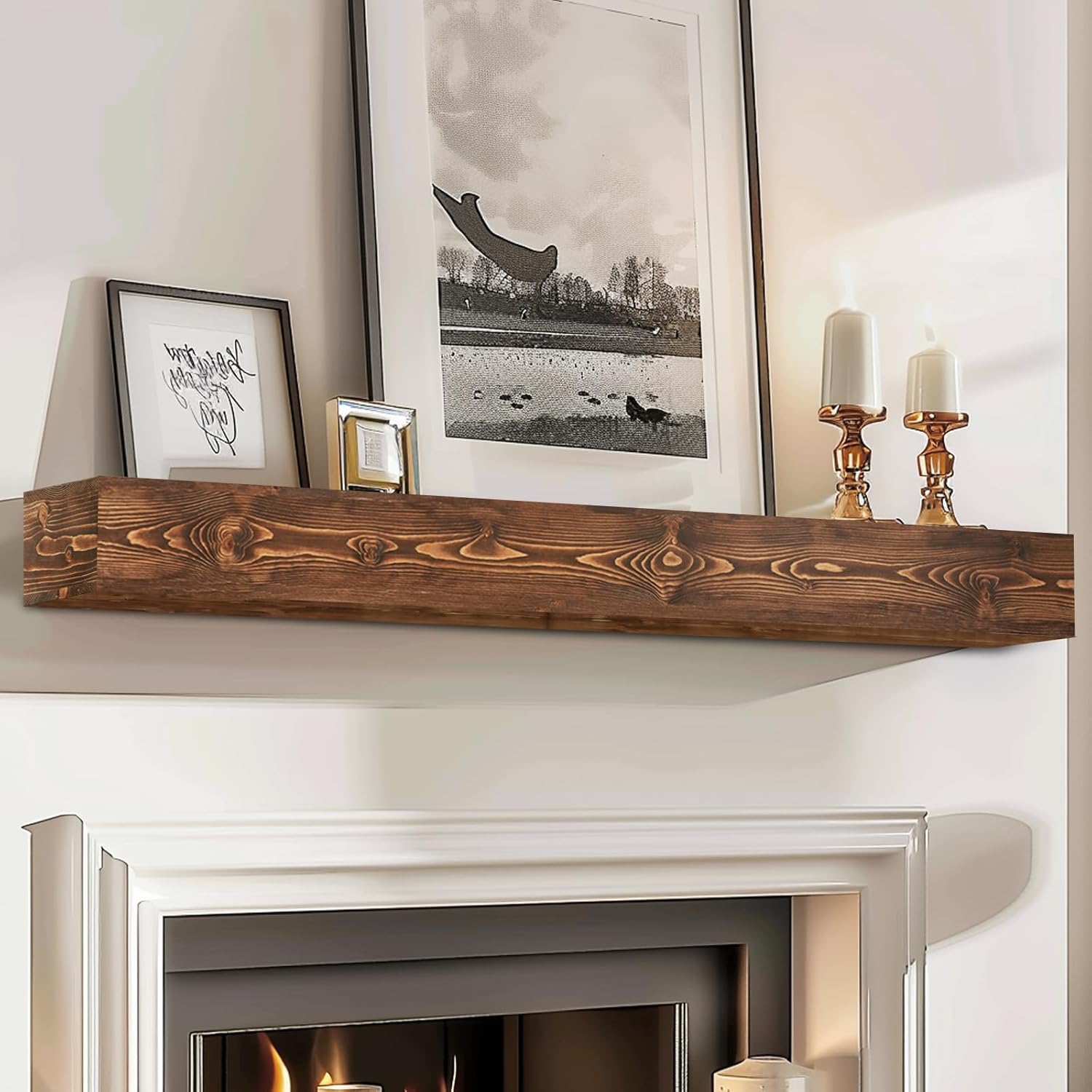 60x8x5 Fireplace Mantel - Handcrafted Hollow Rustic Solid Wood Wall Mounted Floating Shelf with