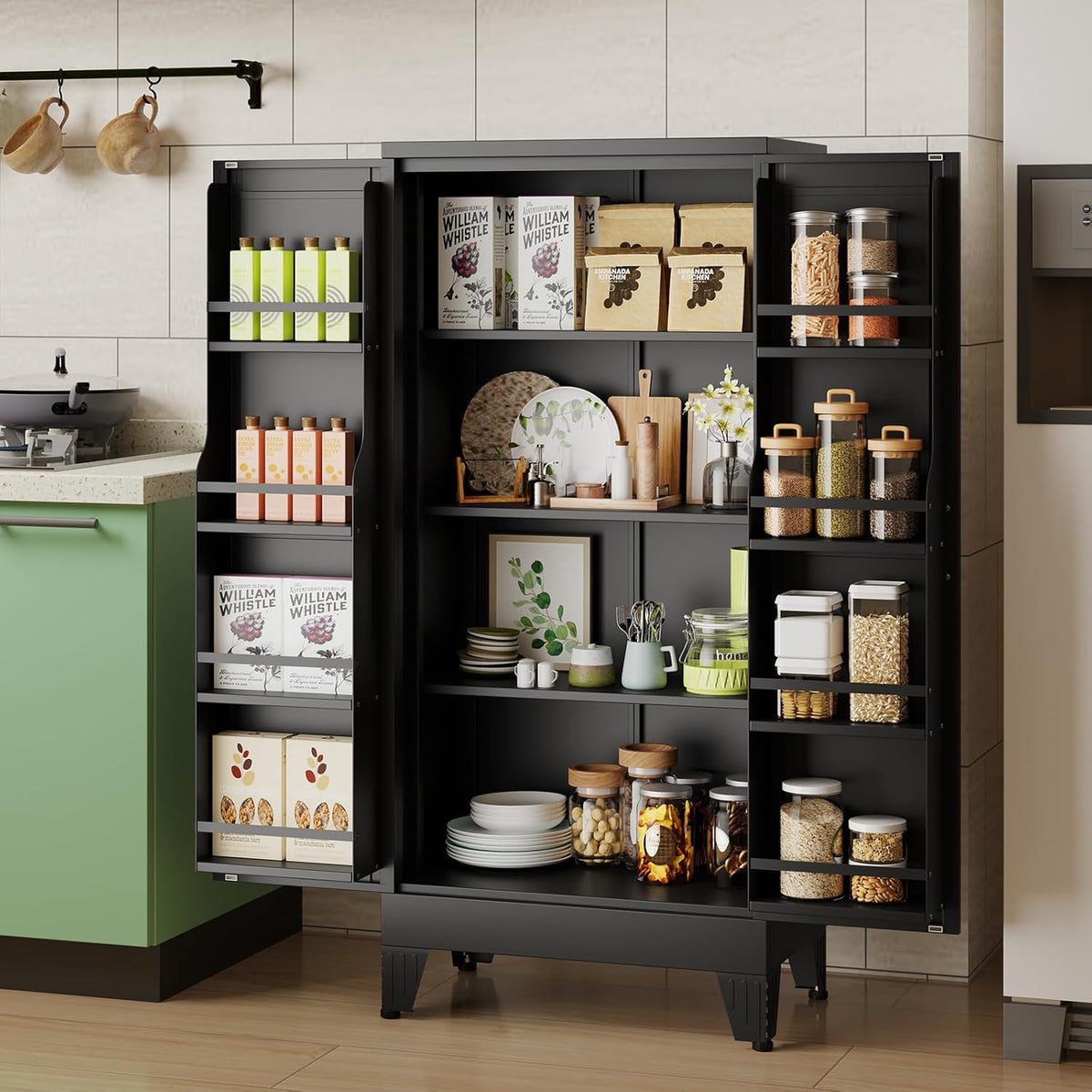 51" H Metal Kitchen Pantry Storage Cabinet, Freestanding Cupboard Storage Cabinet with Doors and