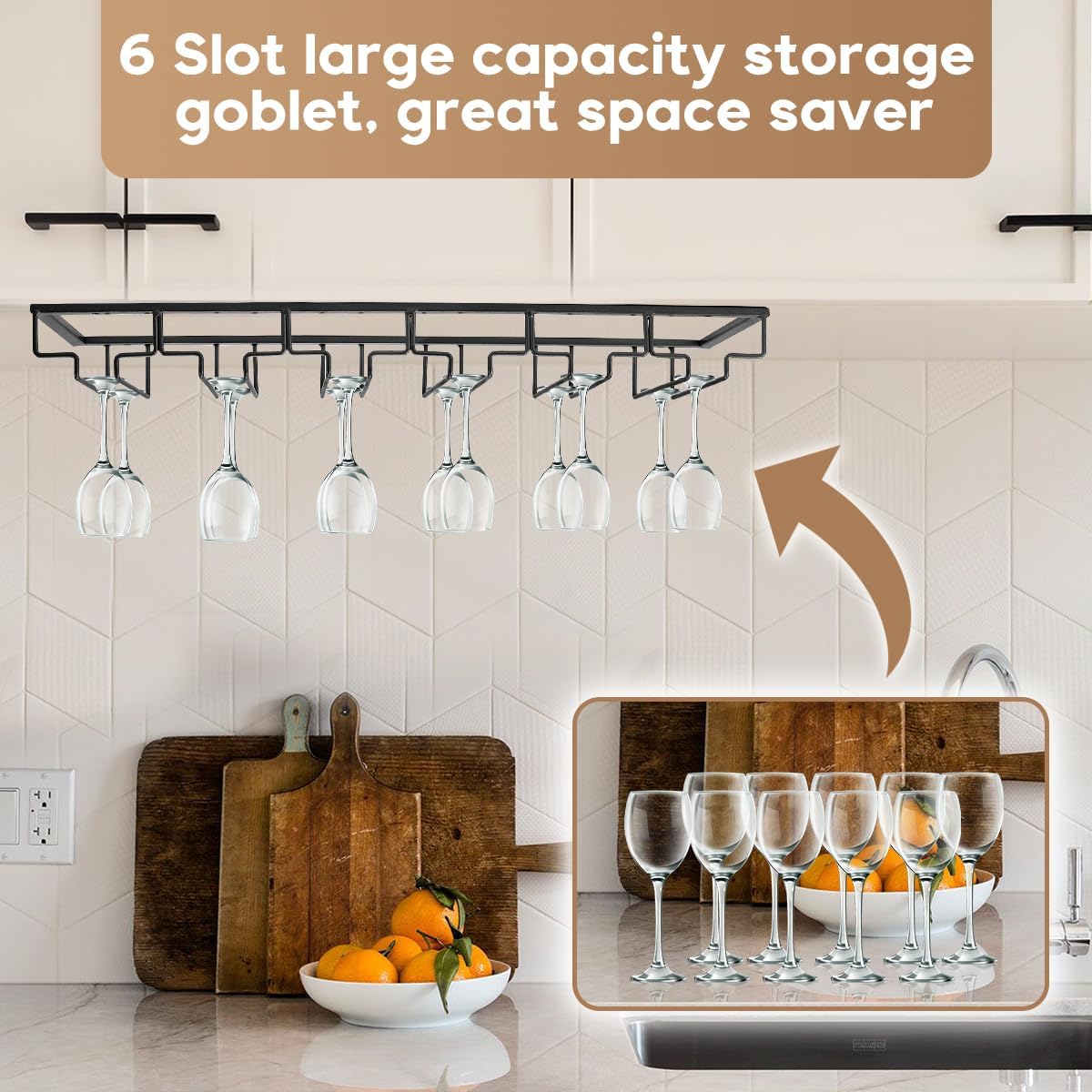 Xverycan Wine Glass Rack Under Cabinet, 6 Row Extreme Large Stemware Hanger, Metal Wine Goblet