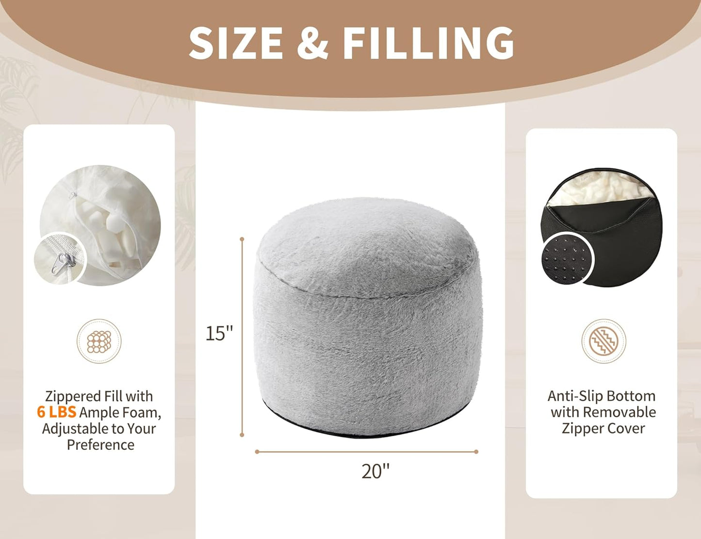 Boho Ottoman Living Room Furniture 20"x15" Large Round Ottomans Pouf Couch Foot Rest Grey Pouf
