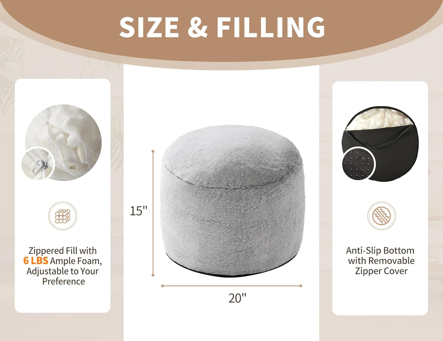Boho Ottoman Living Room Furniture 20"x15" Large Round Ottomans Pouf Couch Foot Rest Grey Pouf